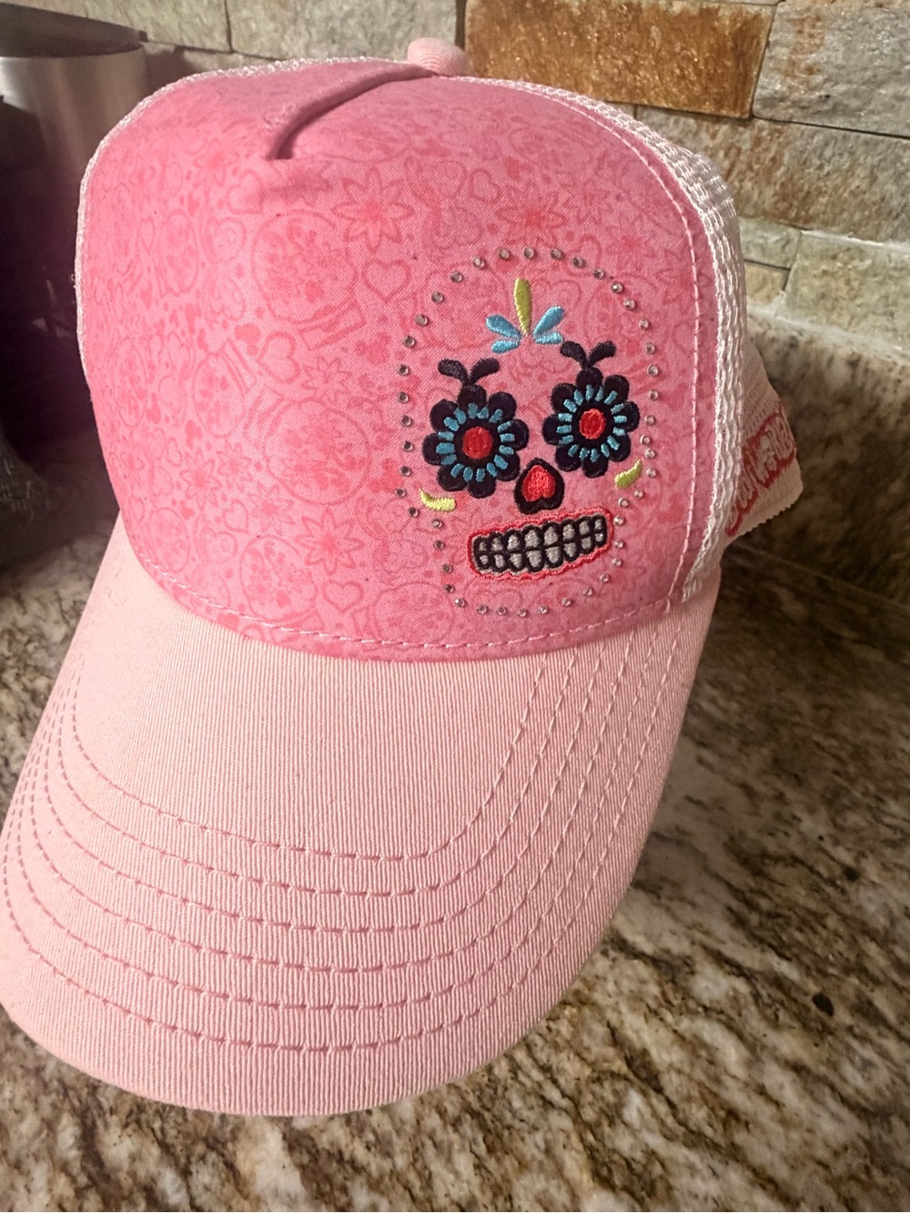 Disney Parks Epcot Pink/White Sugar Skull Mesh Trucker Snapback Embroidered Hat